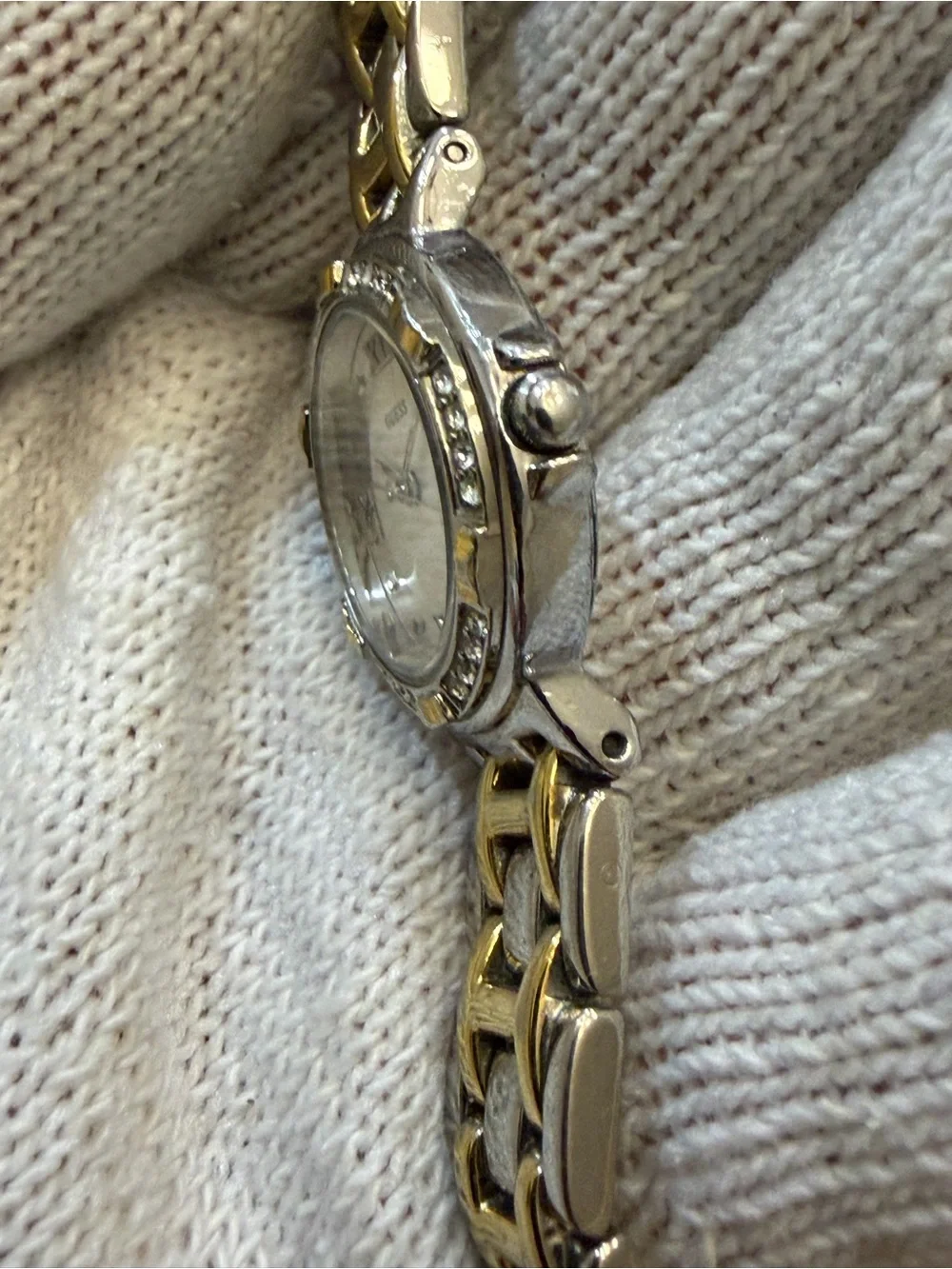 Guess Women's Two-Tone Crystal Bezel Watch Silver Dial Roman Numerals G75479L